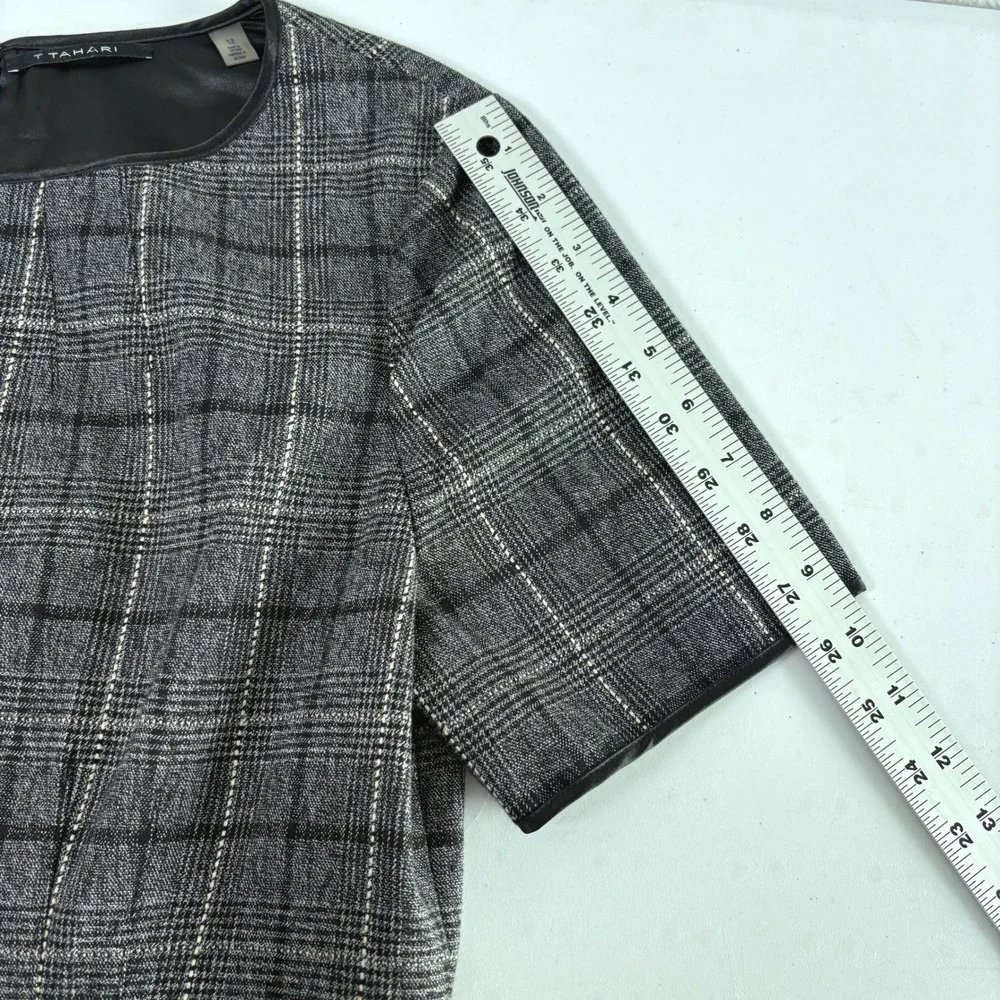 Tahari Sheath Dress Womens 12‎ Grey Plaid Faux Leather Trim Short Sleeve Office